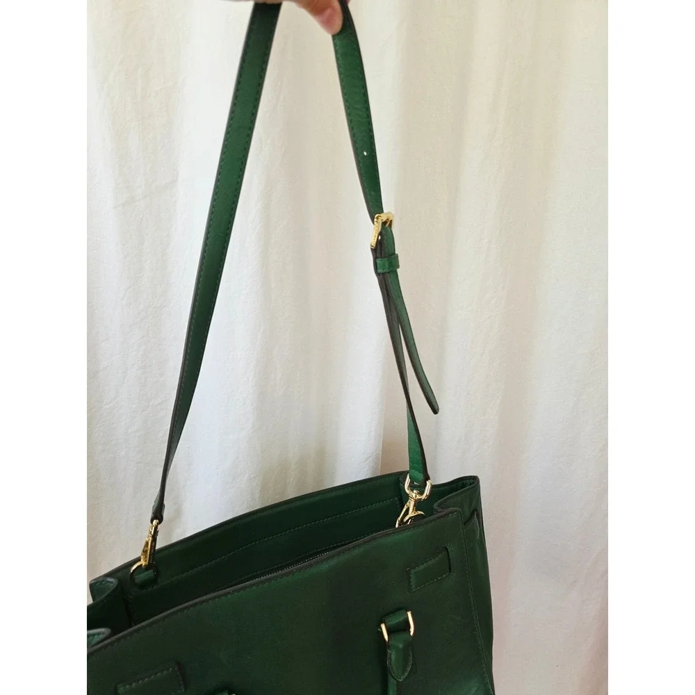 Michael Kors Hamilton Green Leather Satchel Gold Padlock Handbag Excellent